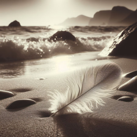 A feather lying on the sand by the seaの素材