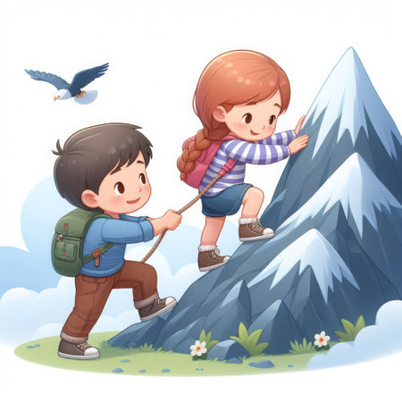Little boy and girl climb the mountainの素材