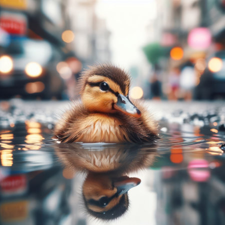 A small duck sitting in a puddle on a blurred city backgroundの素材