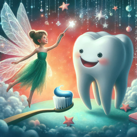 A flying fairy with a magic wand near a lucky tooth.の素材