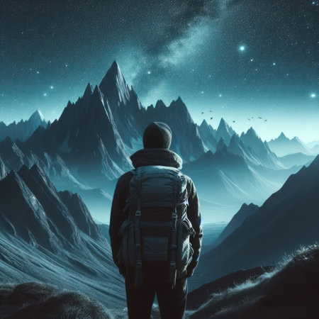 A guy standing against the background of a beautiful starry sky and mountainsの素材