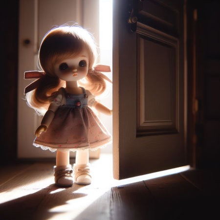 A baby doll enters a dark roomの素材