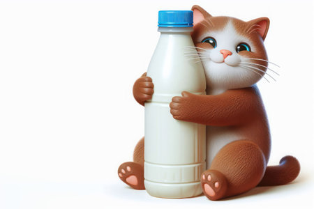 Funny cat sitting in a hug with a bottle of milk. Space for textの素材