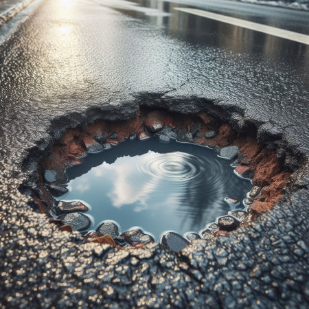 A pothole on the asphalt road after rainの素材