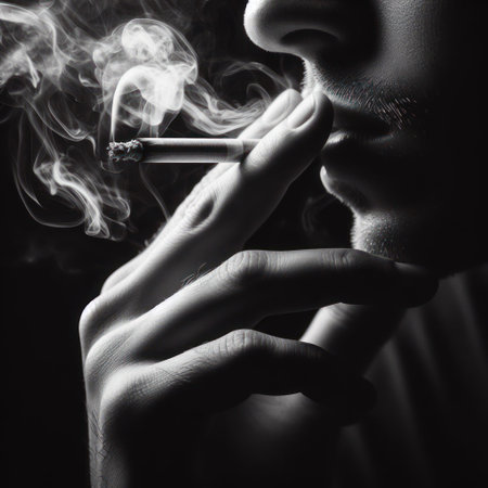 Close-up of a man smoking a cigaretteの素材