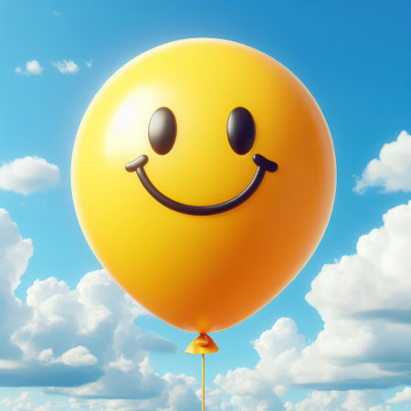 Yellow balloon with smile on blue sky backgroundの素材