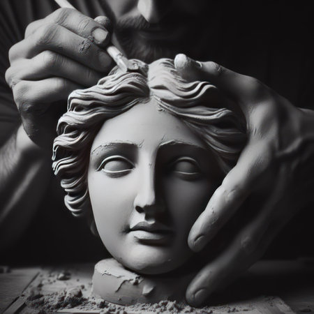 A master sculptor working with a woman's faceの素材