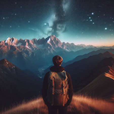 A guy standing against the background of a beautiful starry skyの素材