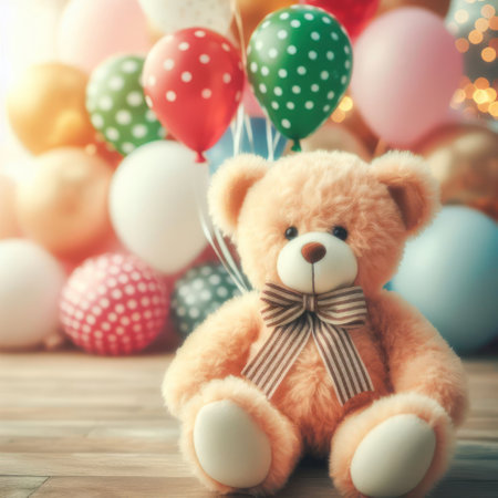 A small teddy bear sitting on the background of balloonsの素材