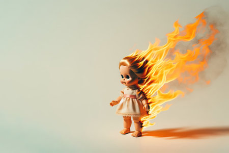 Burning baby doll on a clean background. Space for textの素材