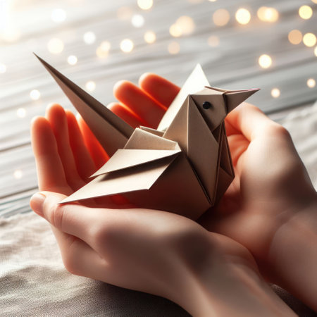 Beautiful close-up bird made of paper in handsの素材