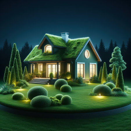 A small private house surrounded by green landscapeの素材