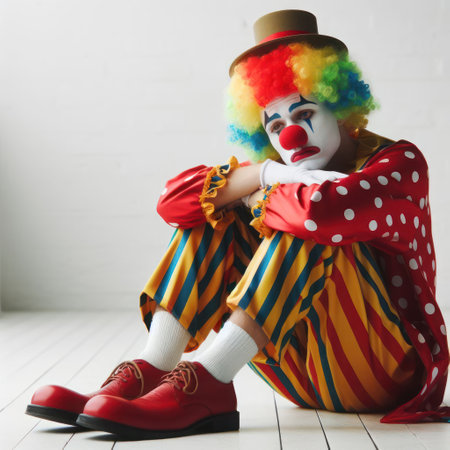 Sad clown sitting on the floorの素材