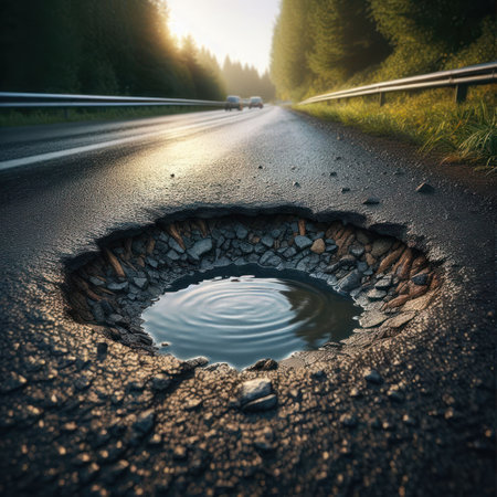 A deep hole in the asphalt roadの素材