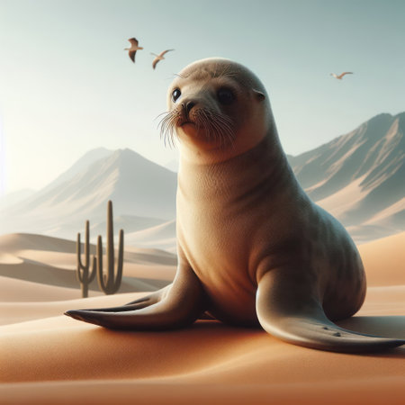 A small seal sitting in the middle of the desertの素材