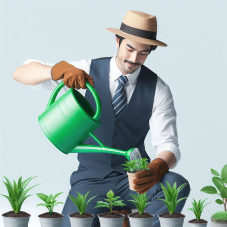 A man watering a potted plantの素材