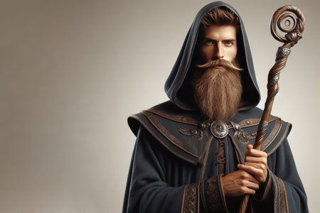 A wizard with a staff on a clean background. Space for textの素材
