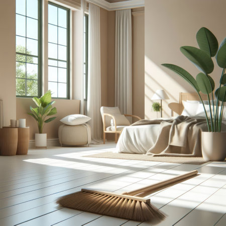 Mop brush lying on the floor in the bedroomの素材