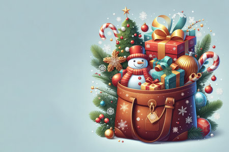 A bag filled with Christmas gifts and decorations. Space for textの素材