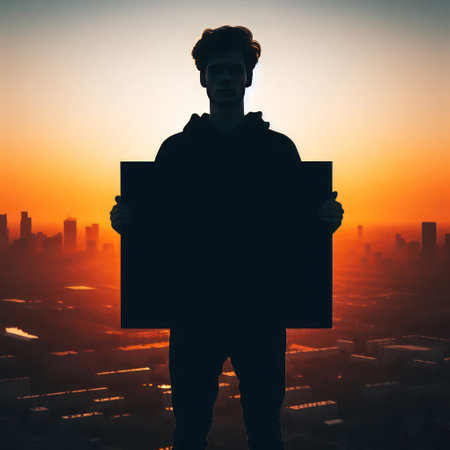 Silhouette of a guy holding a poster against the background of a sunsetの素材
