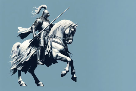 A knight on horseback with a sword. Space for textの素材
