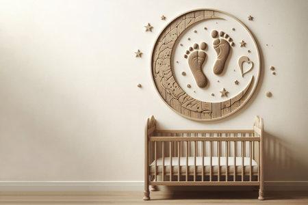 A children's bed against the wall with a drawing of the moon and footprints. Space for textの素材