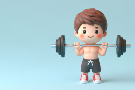 A boy lifting a barbell. Space for textの素材