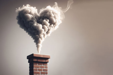 Heart-shaped smoke rising from a chimney. Space for textの素材