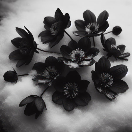 Black flowers lying on the snowの素材