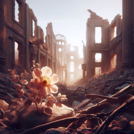 A beautiful flower against the background of a ruined buildingの素材