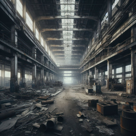 Abandoned industrial workshop, view from the insideの素材