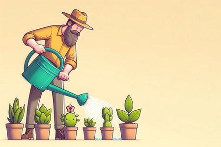 A man from a watering can waters plants in pots. Space for textの素材