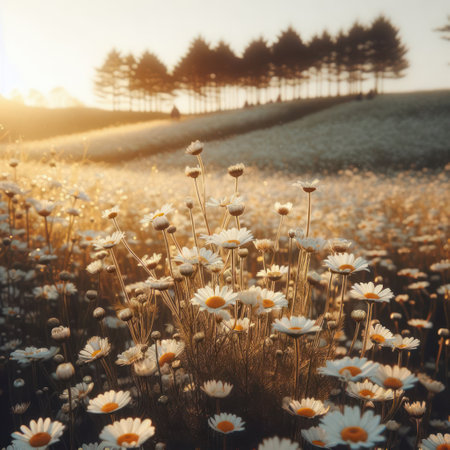 A chamomile field in the rays of sunlightの素材