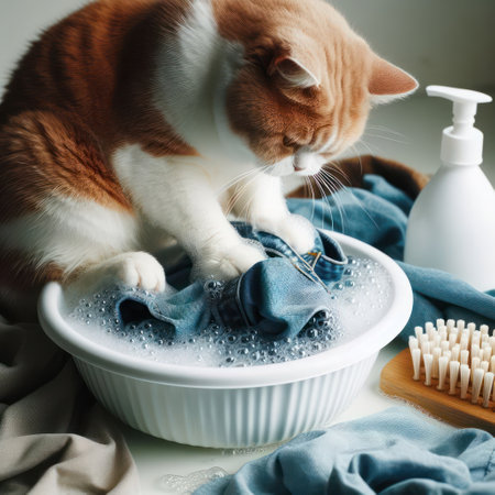 A cat washes clothes in a bowlの素材