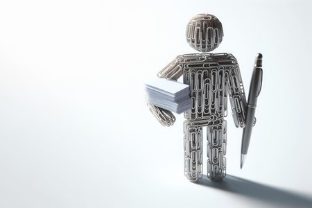 Figure of a man made of paper clips holding a pen and a stack of papers. Space for textの素材