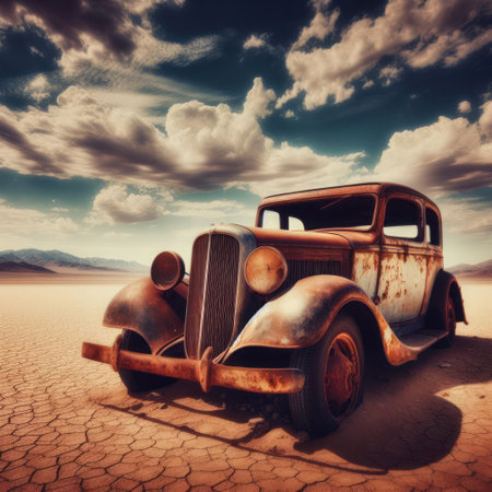 Rusty retro car in the desertの素材