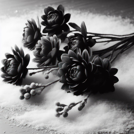 Black flowers lying on the snowの素材