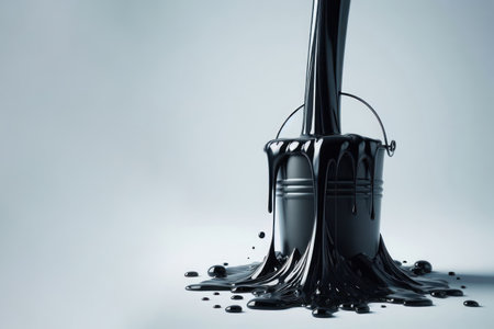 Black liquid flowing into a bucket. Space for textの素材