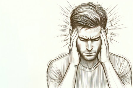 A man holds his head with his hands in pain. Space for textの素材