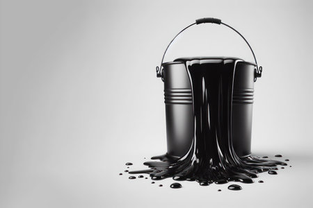 A bucket with black liquid flowing out of it on a clean background. Space for textの素材