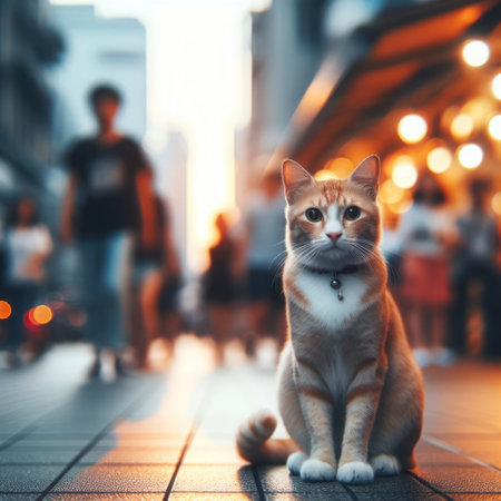 A cat sitting on the sidewalk with a blurred background of people passing byの素材