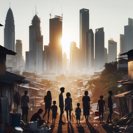 Silhouettes of poor people living in slums on the background of a big cityの素材