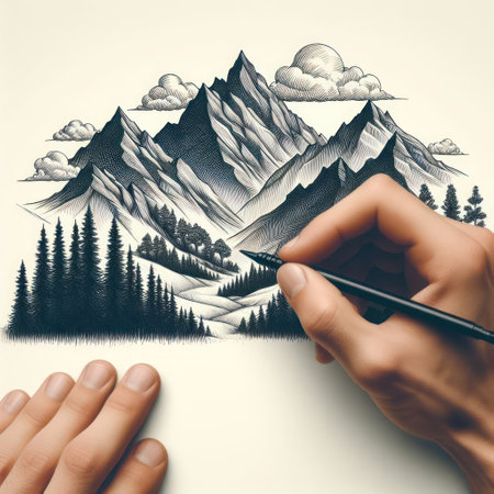 The process of painting a beautiful natural landscape. Close-upの素材