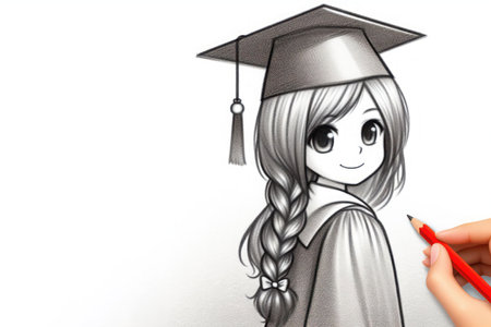 Graduate girl drawn on paper with a pencil. Space for textの素材