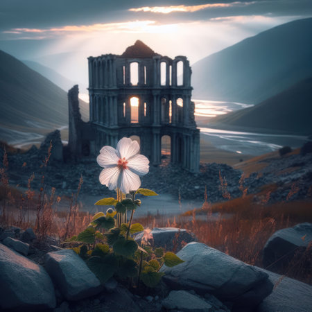 A flower against the background of a ruined buildingの素材