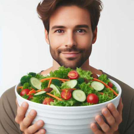 A man with a bowl full of vegetable saladの素材