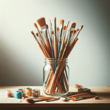 Paint brushes lying in a glass jarの素材