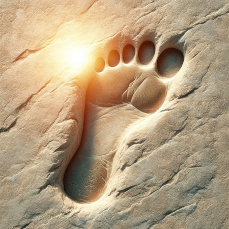 The imprint of a human foot on a stoneの素材