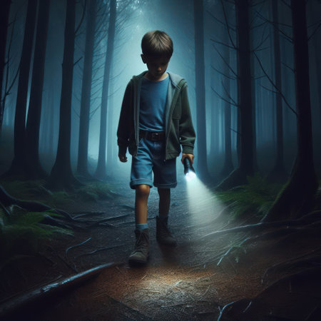 A boy with a flashlight walking through a misty forestの素材