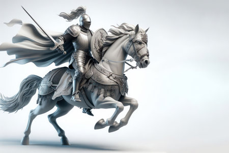 A knight in armor and with a sword rides a horse. Space for textの素材